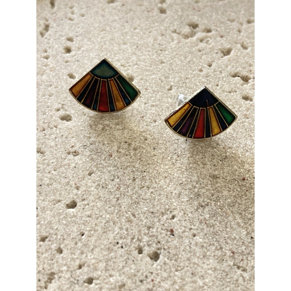 Vintage Multicolor Enamel Fan Stud Earrings Art Deco Sunrise Gold Tone Artsy